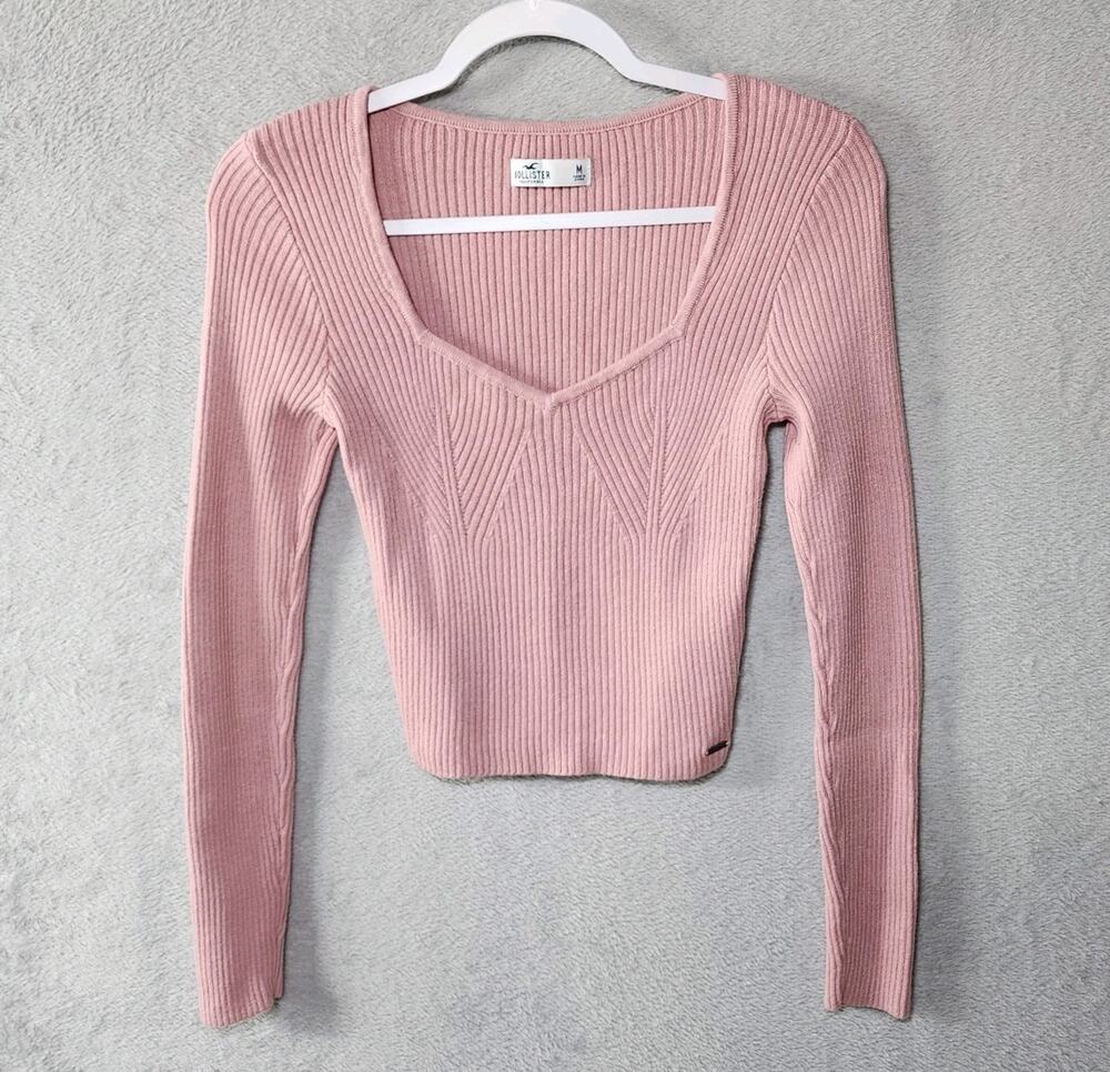 Hollister Sweater Ribbed Cropped Sweetheart Neckline Blush Pink Womens Medium
